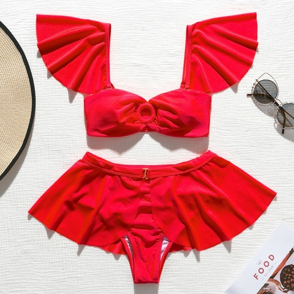 Red Highwaisted Bikini Set with Removable Skirt - Picture 3 of 5